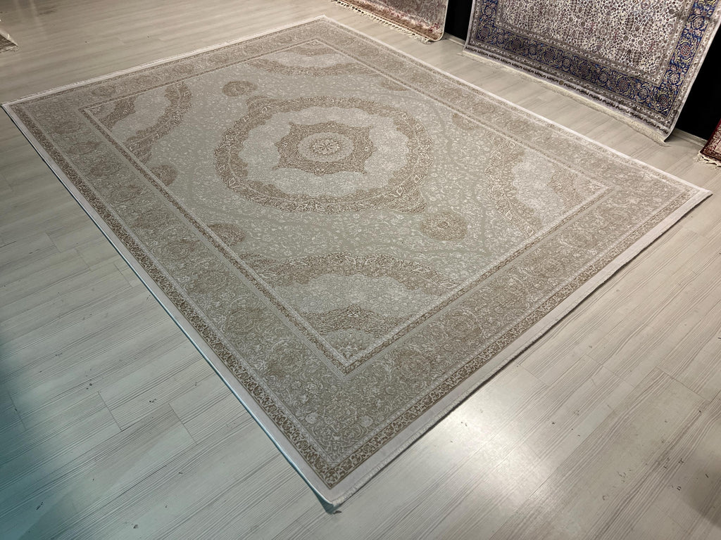 8x11 ft Large Beige Medallion Rug, Acrylic Bamboo Carpet, Living Room Decor
