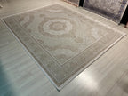 8x11 ft Large Beige Medallion Rug, Acrylic Bamboo Carpet, Living Room Decor
