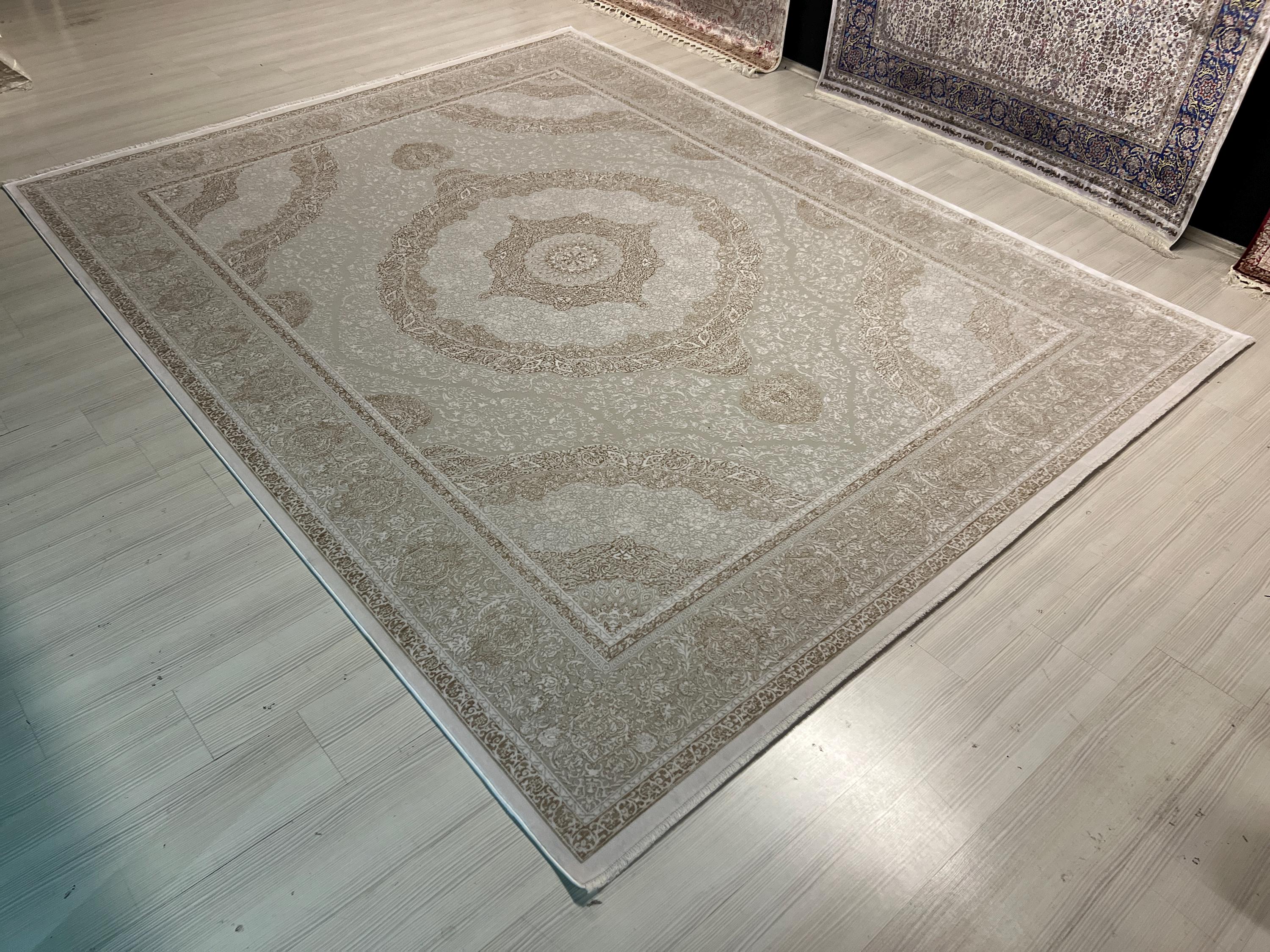 8x11 ft Large Beige Medallion Rug, Acrylic Bamboo Carpet, Living Room Decor
