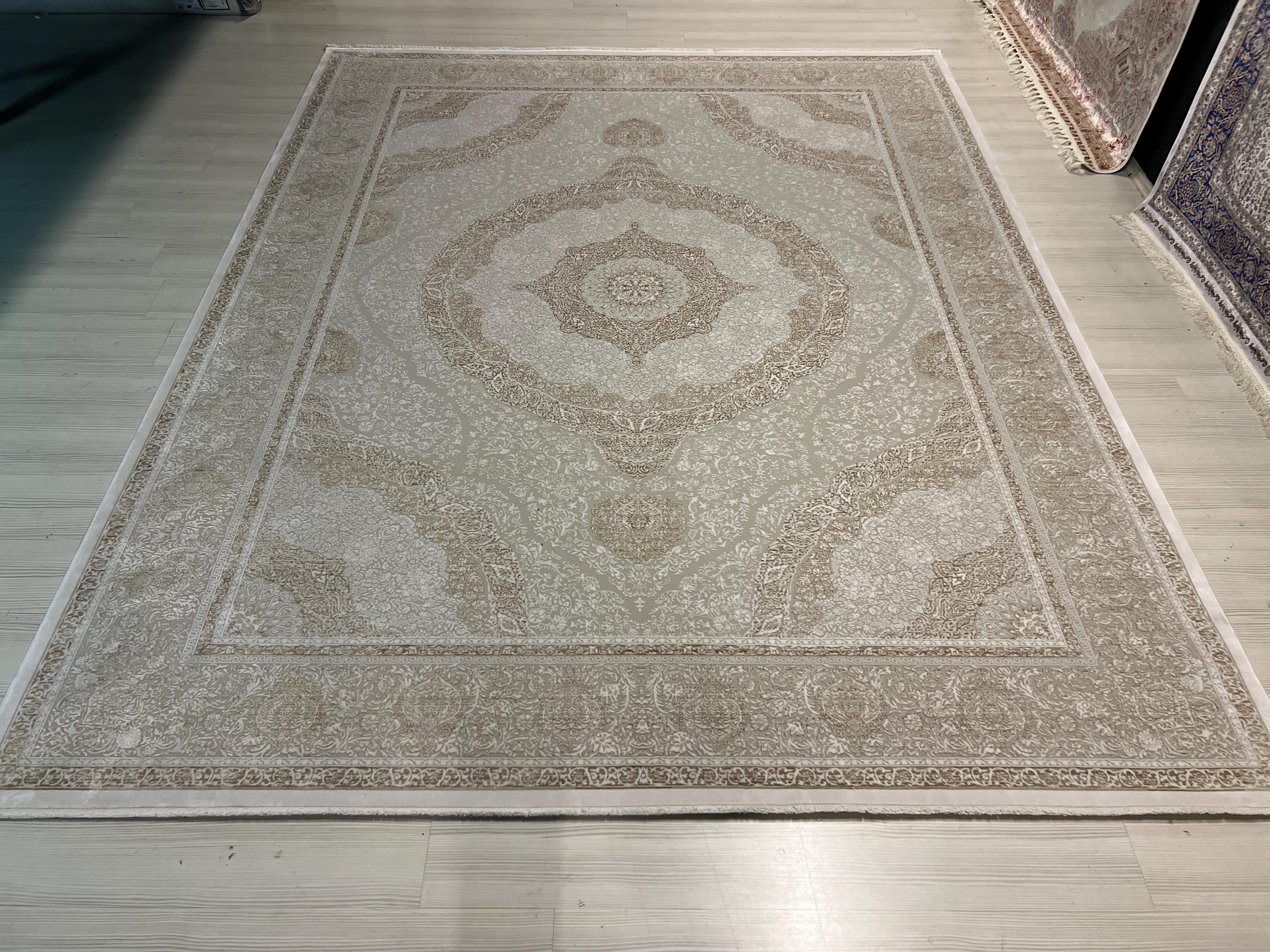 8x11 ft Large Beige Medallion Rug, Acrylic Bamboo Carpet, Living Room Decor