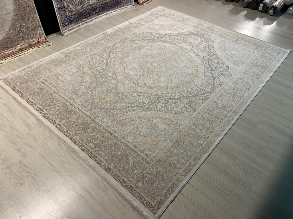 8x11 ft Large Beige Medallion Rug, Acrylic Bamboo Carpet, Living Room Decor
