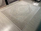 8x11 ft Large Beige Medallion Rug, Acrylic Bamboo Carpet, Living Room Decor