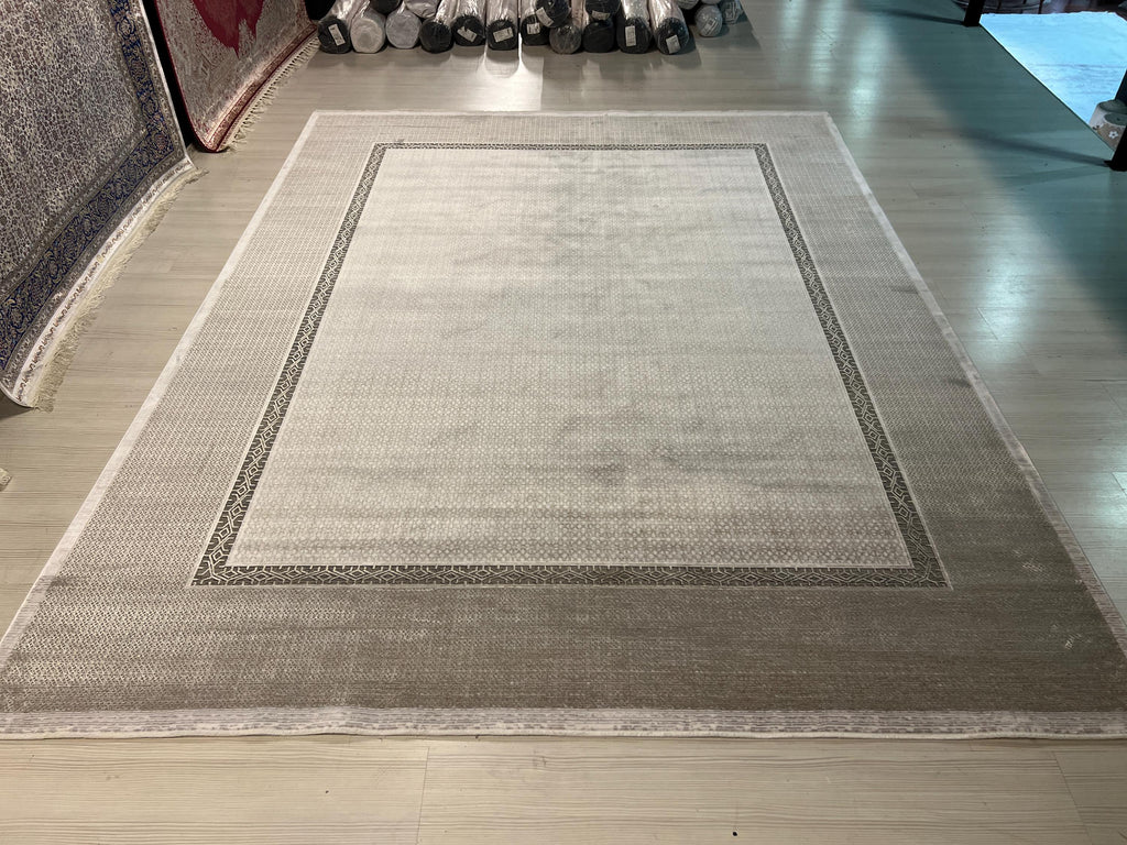 8x11 Beige Gray Geometric Bamboo Rug, Modern Border Design Area Rug for Living Room