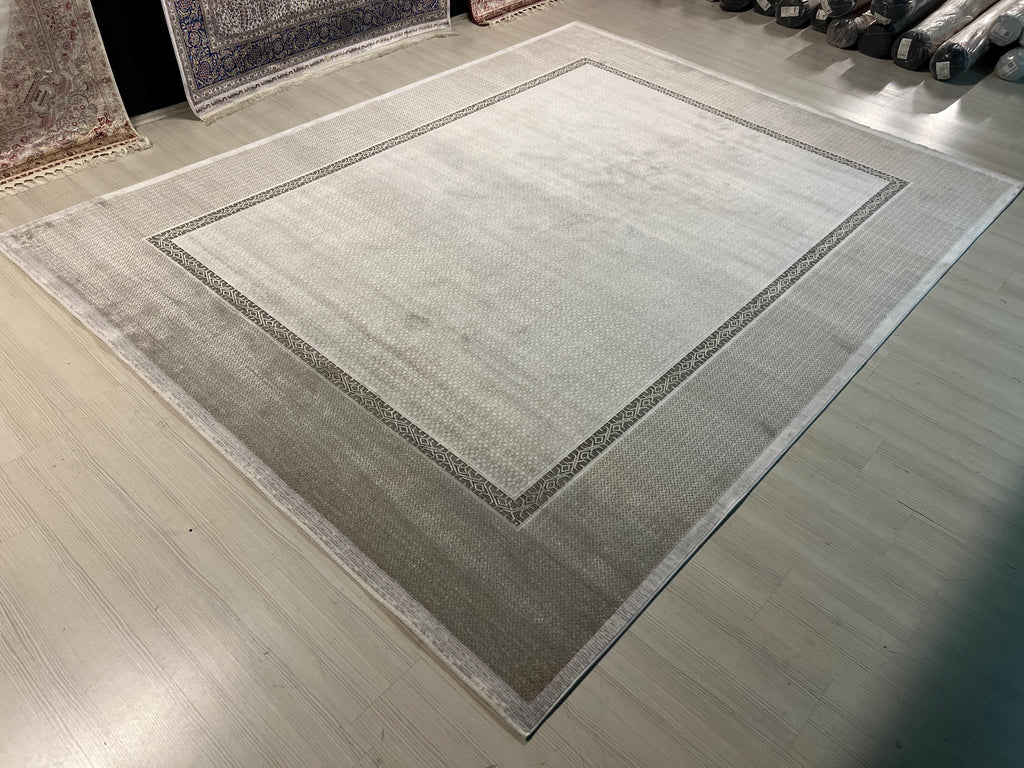 8x11 Beige Gray Geometric Bamboo Rug, Modern Border Design Area Rug for Living Room