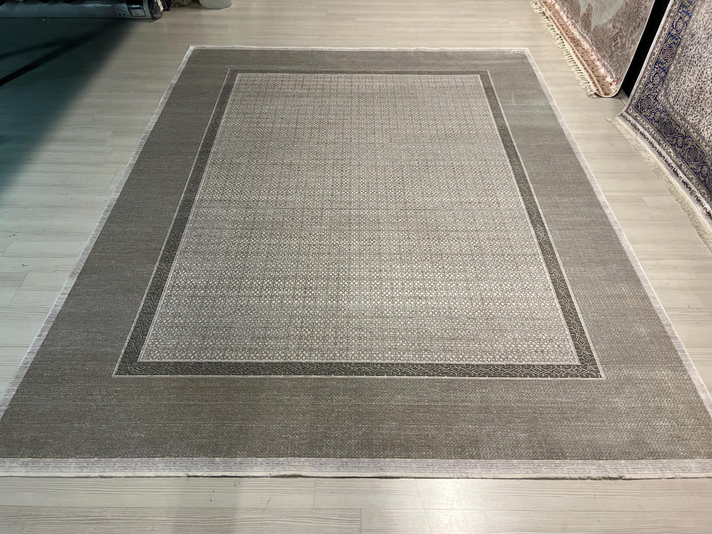 8x11 Beige Gray Geometric Bamboo Rug, Modern Border Design Area Rug for Living Room