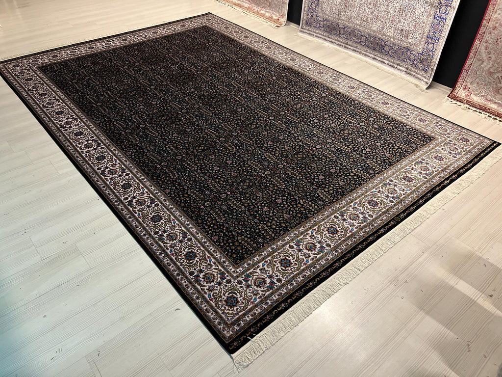 8x11 ft Black Floral Silk Rug, Luxury Turkish Style Carpet