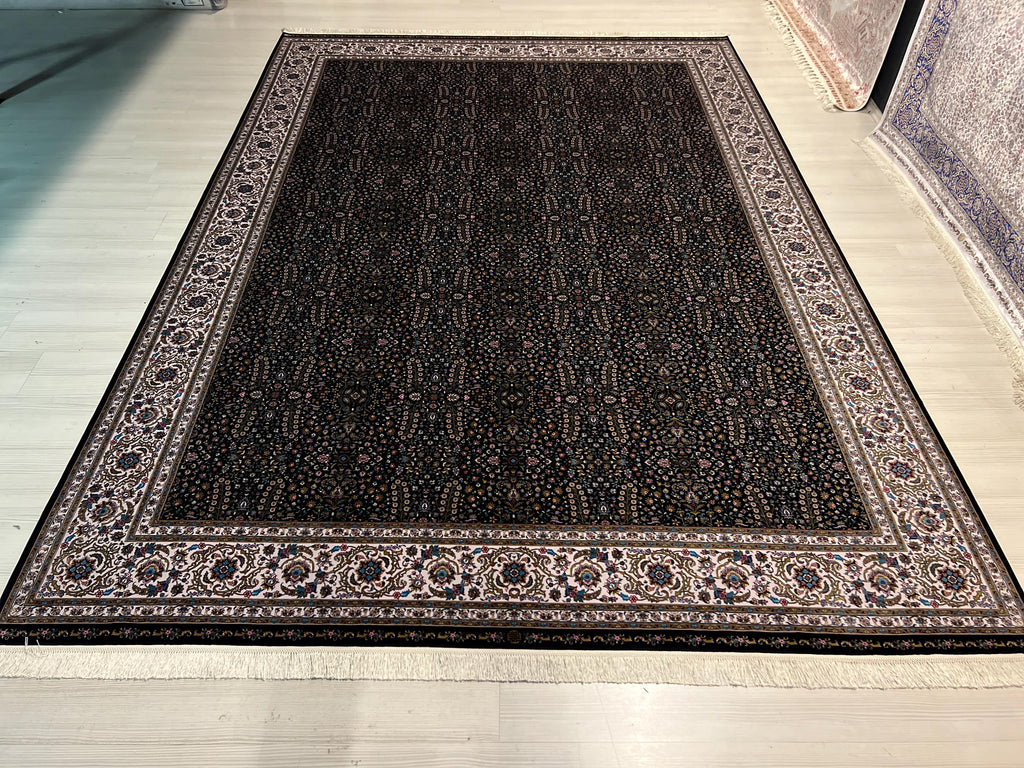 8x11 ft Black Floral Silk Rug, Luxury Turkish Style Carpet