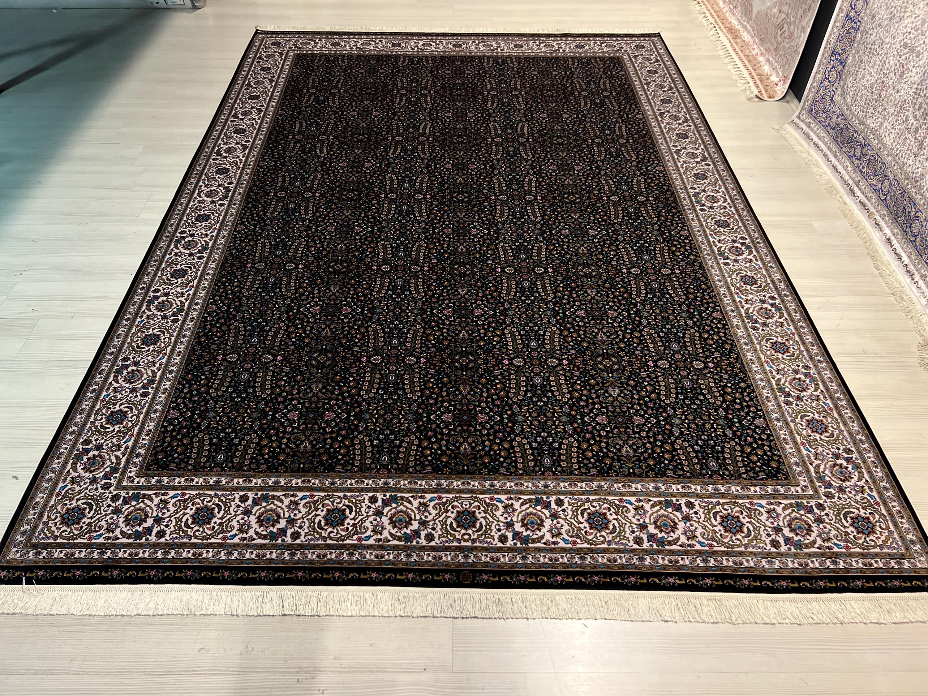 8x11 ft Black Floral Silk Rug, Luxury Turkish Style Carpet