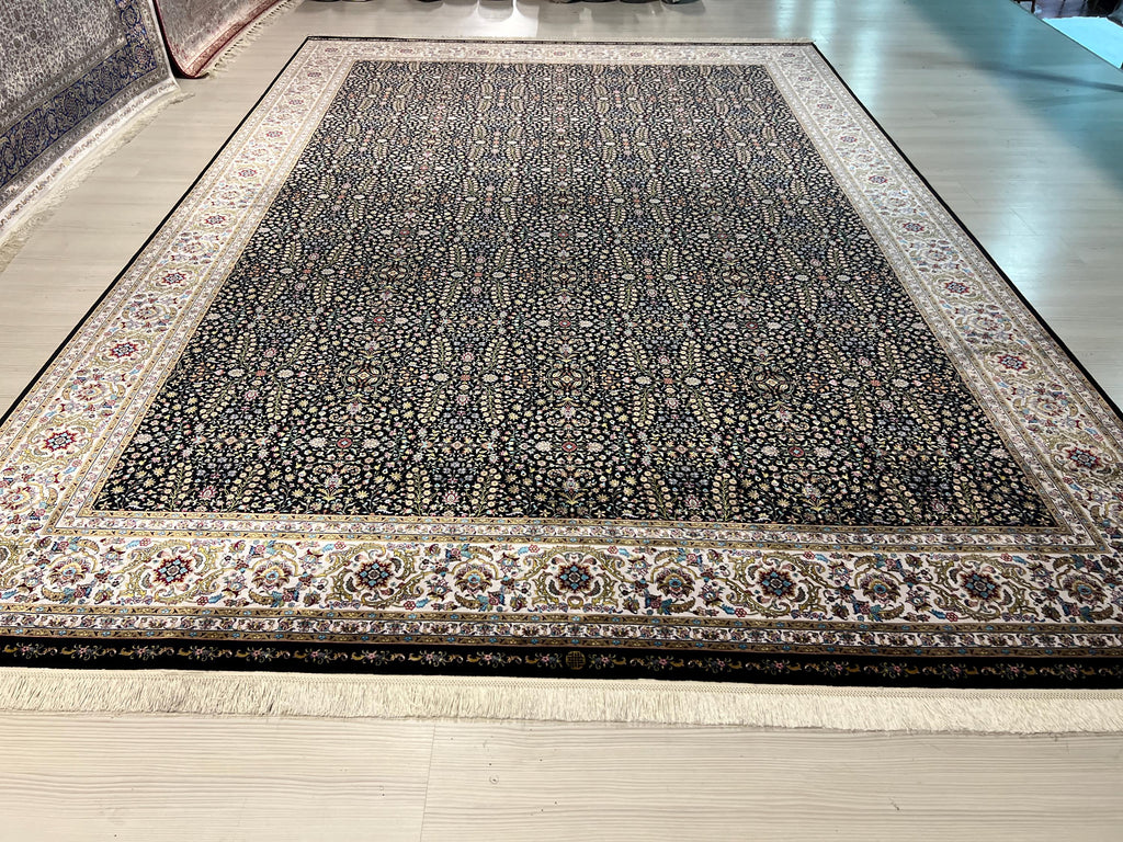 8x11 ft Black Floral Silk Rug, Luxury Turkish Style Carpet