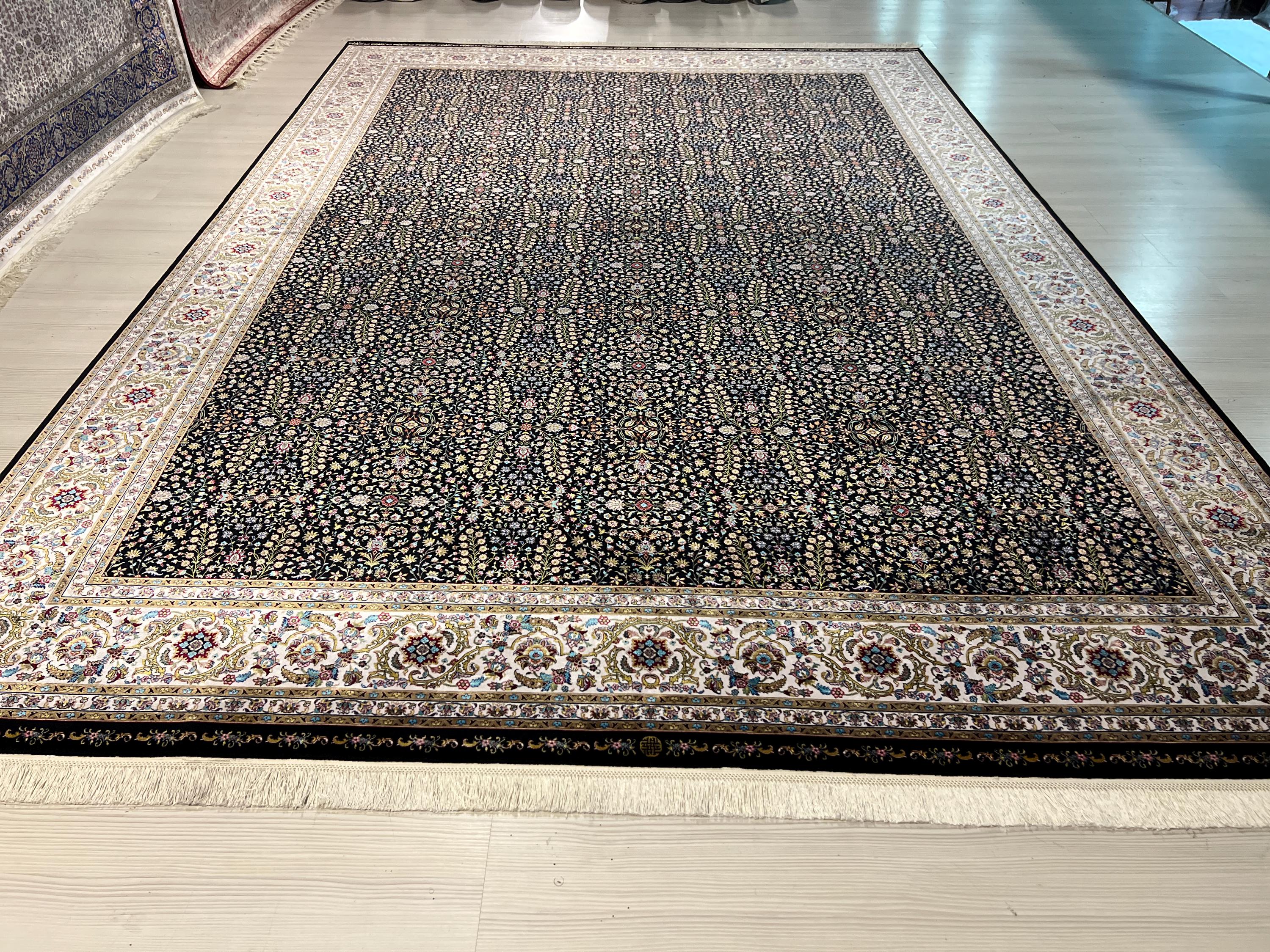 8x11 ft Black Floral Silk Rug, Luxury Turkish Style Carpet