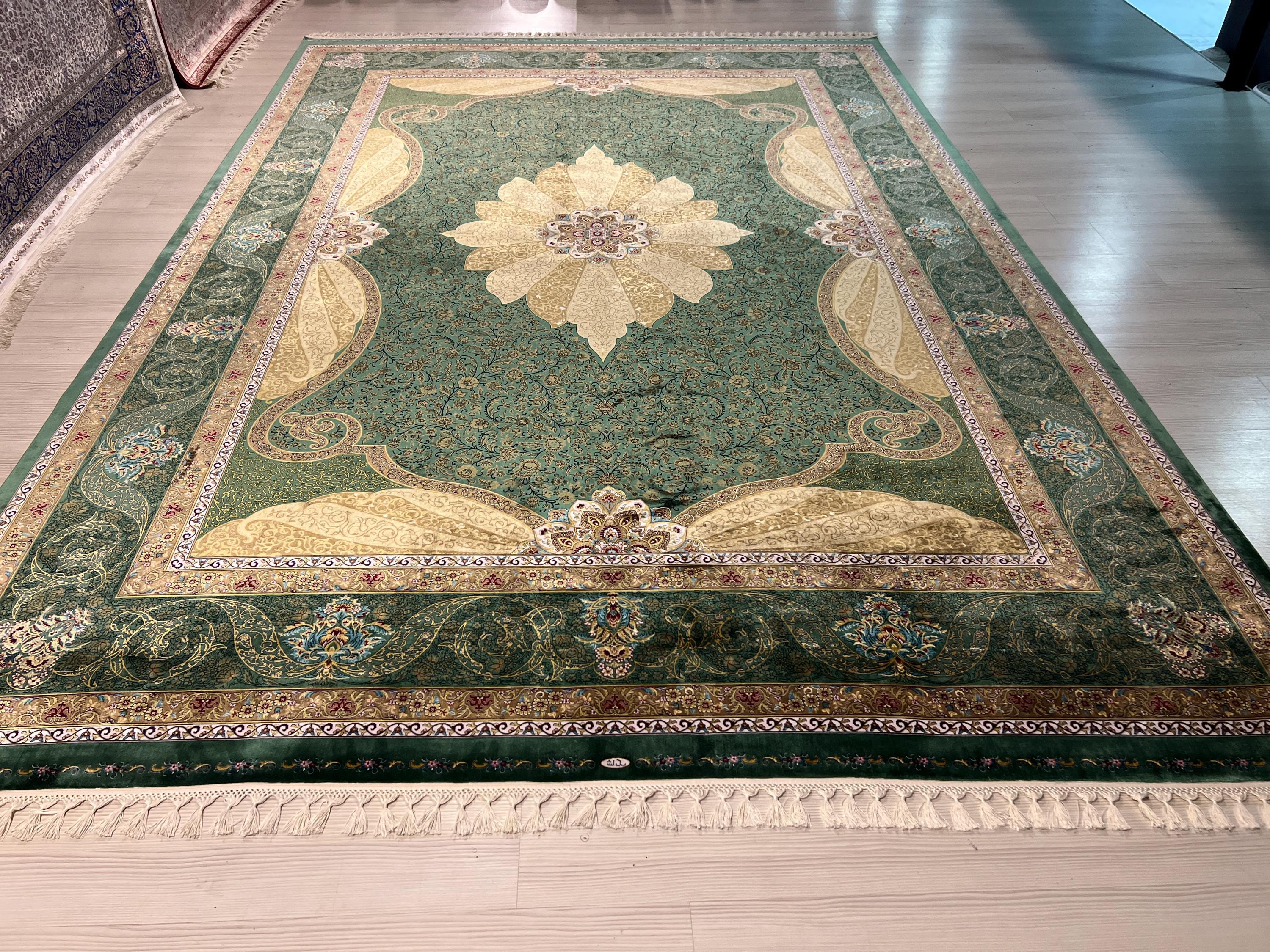 8x11 ft Green Floral Modal Silk Rug, Medallion Luxury Living Room Carpet