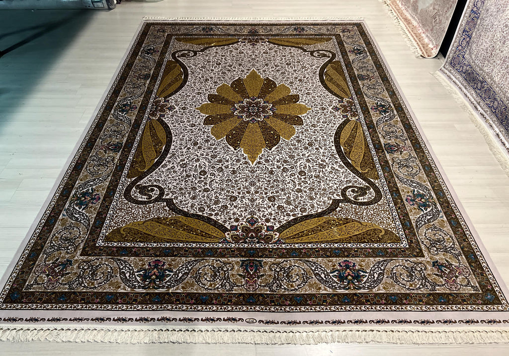 8x11 ft Gold Ivory Floral Scroll Modal Silk Rug, Turkish Living Room Carpet