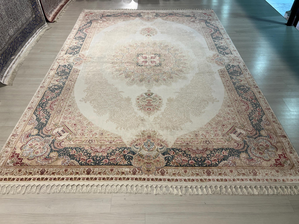 8x11 ft Silk Rug, Beige Medallion Oriental Carpet, Luxury Living Room Decor