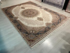 8x11 ft Silk Rug, Beige Medallion Oriental Carpet, Luxury Living Room Decor