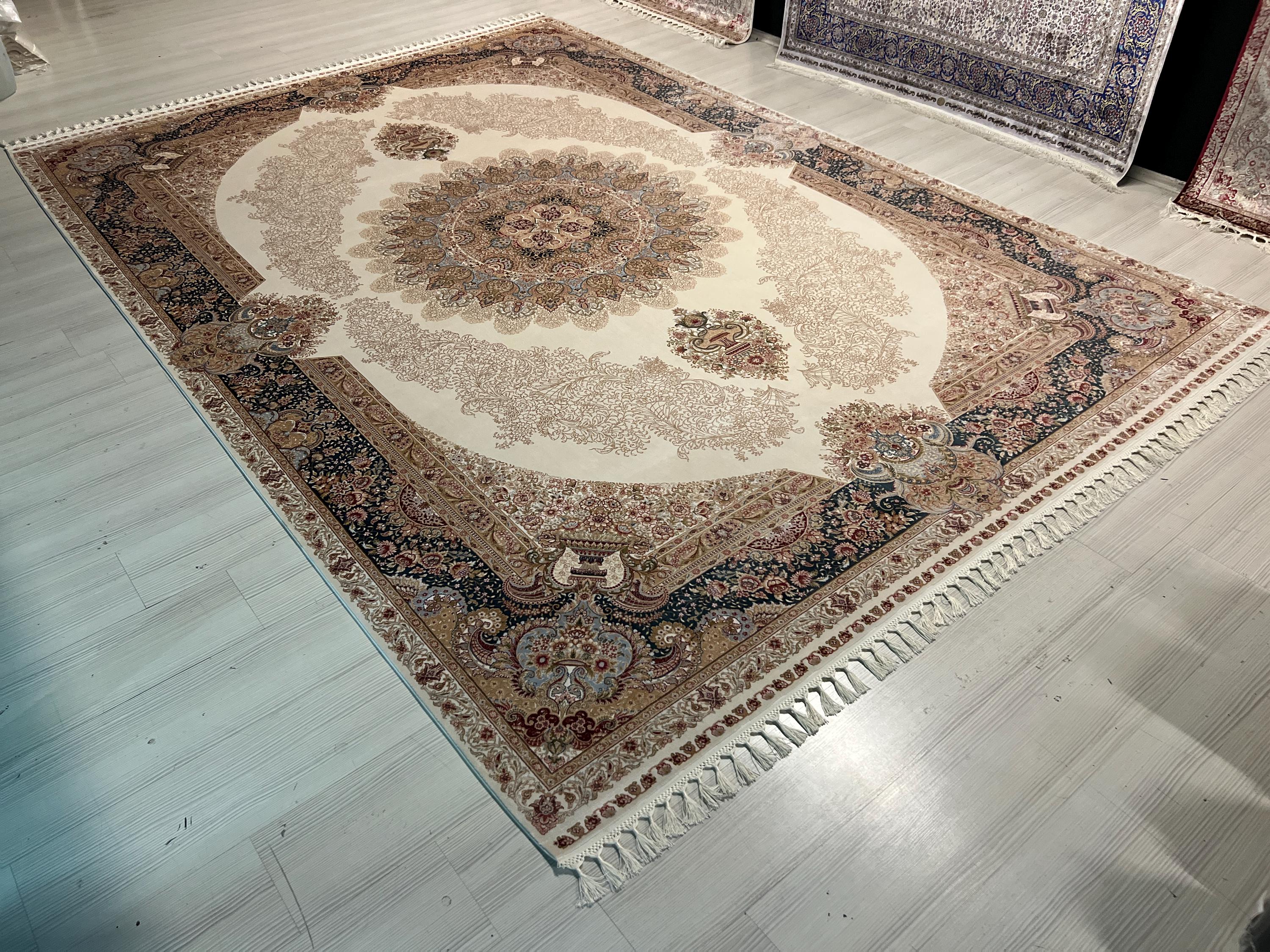 8x11 ft Silk Rug, Beige Medallion Oriental Carpet, Luxury Living Room Decor