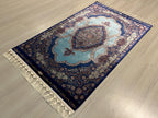 Blue Aqua Modal Silk Rug, Turkish Medallion Design, Classic Home Decor