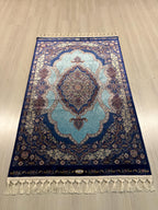 Blue Aqua Modal Silk Rug, Turkish Medallion Design, Classic Home Decor