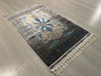 3x5 Modal Silk Runner, Blue Floral Medallion, Turkish Hallway Rug, Ivory Classic Decor