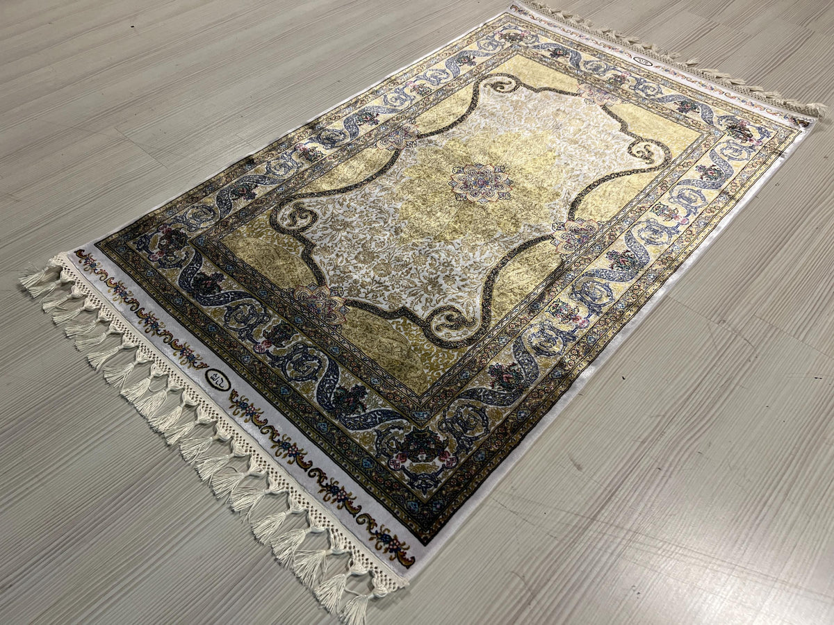 3x5 ft Gold Runner Rug, Modal Silk, Turkish Hallway Rug, Ivory Classic Decor