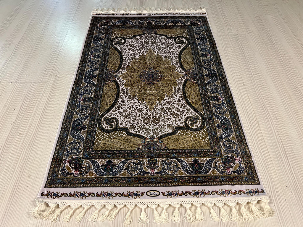 3x5 ft Gold Runner Rug, Modal Silk, Turkish Hallway Rug, Ivory Classic Decor
