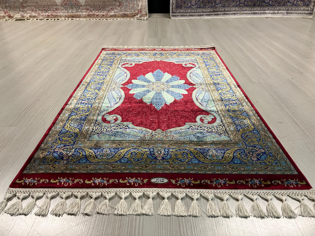 Red Modal Silk Runner Rug,  Blue Medallion Design, Turkish Hallway Decor