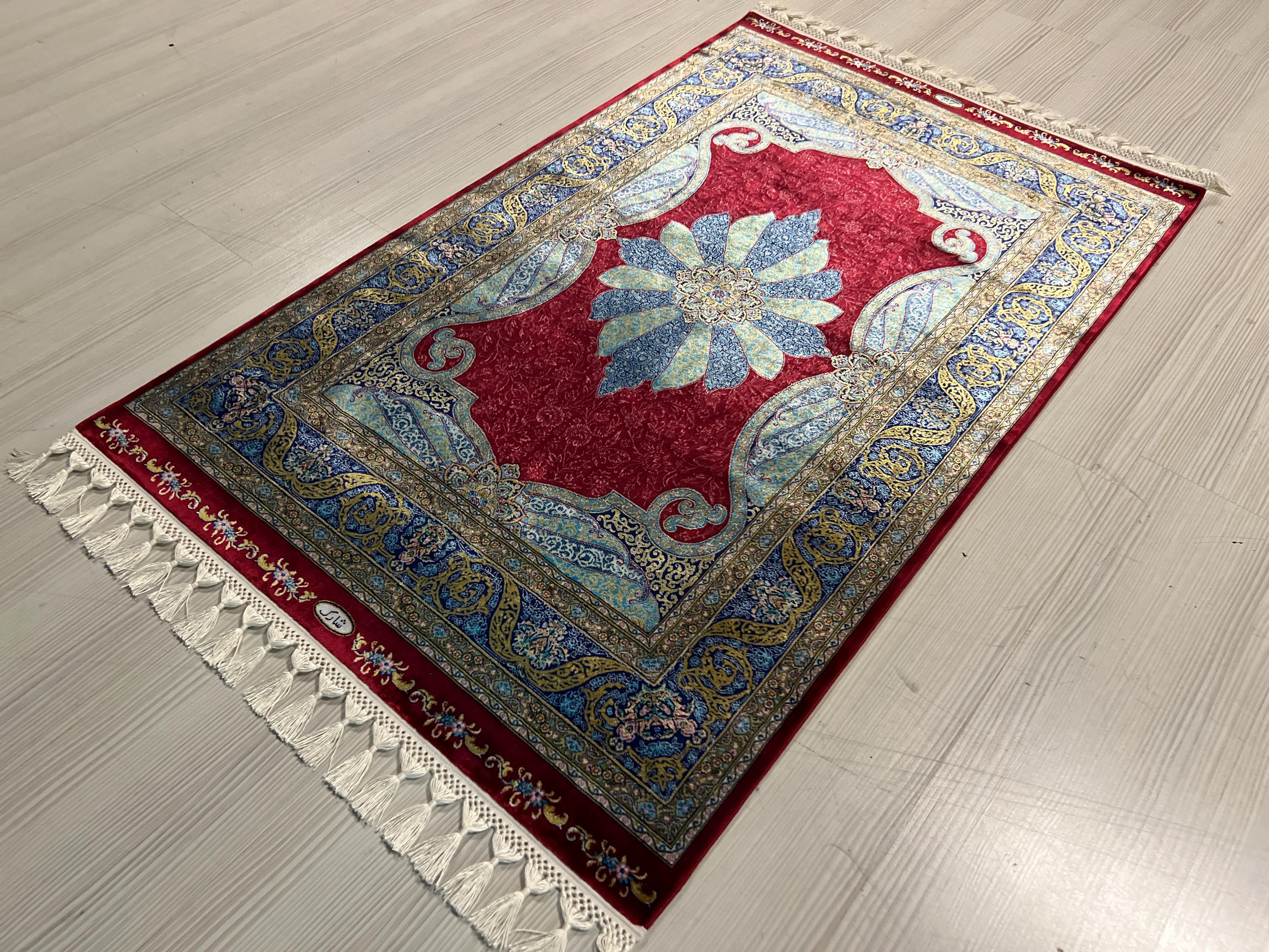Red Modal Silk Runner Rug,  Blue Medallion Design, Turkish Hallway Decor