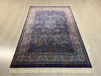 4x6 ft Silk Rug, Navy Floral Oriental Area Rug, Luxury Living Room Carpet
