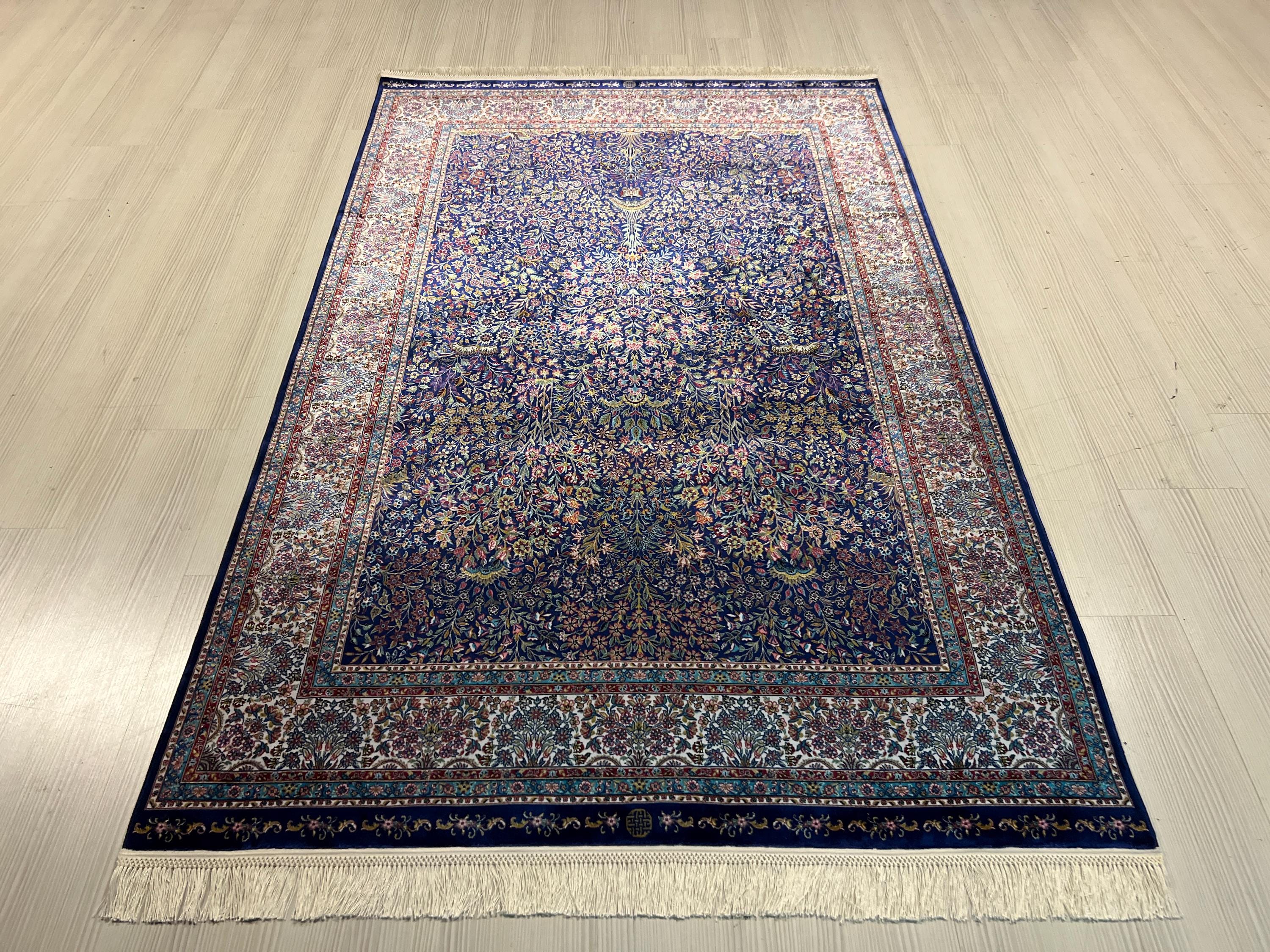 4x6 ft Silk Rug, Navy Floral Oriental Area Rug, Luxury Living Room Carpet