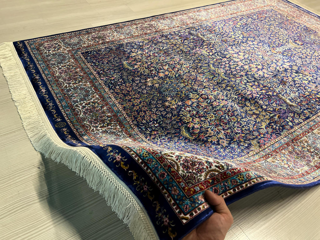4x6 ft Silk Rug, Navy Floral Oriental Area Rug, Luxury Living Room Carpet
