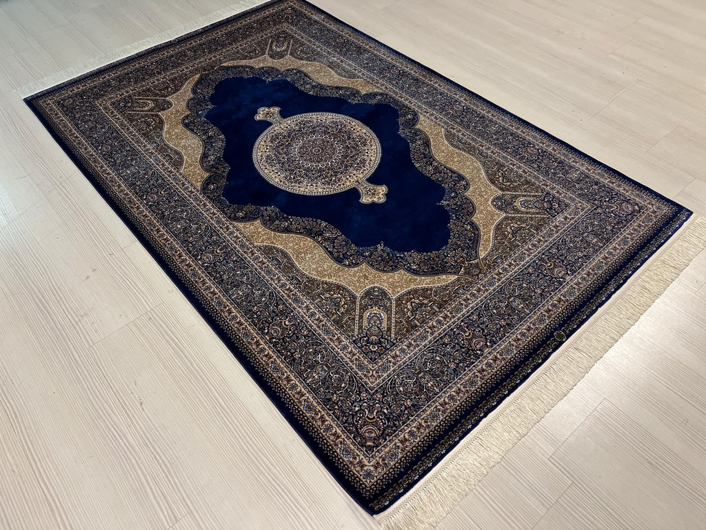 4x6 ft Blue Silk Area Rug, Medallion Design, Turkish Living Room Decor