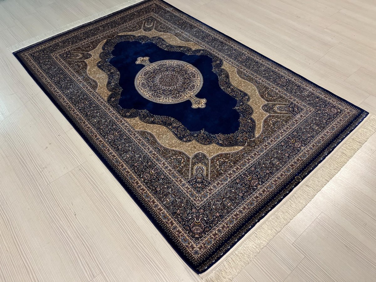 4x6 ft Blue Silk Area Rug, Medallion Design, Turkish Living Room Decor