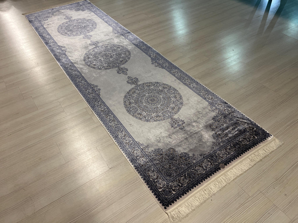 3x10 ft Medallion Runner Rug, Ivory Gray Field, Turkish Hallway Decor