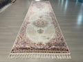 3x10 ft Bamboo Silk Runner, Ivory Floral Medallions, Turkish Hallway Rug