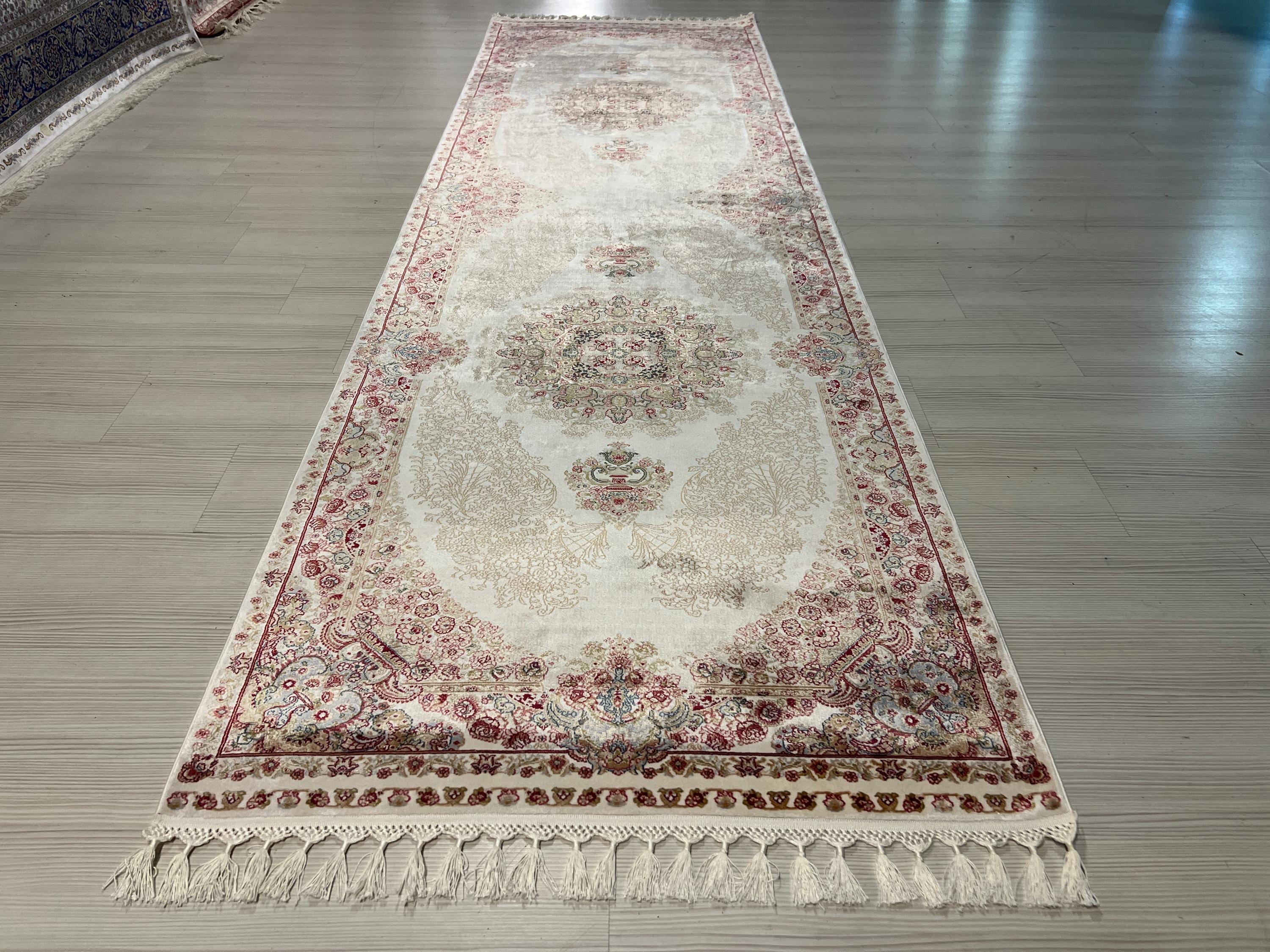 3x10 ft Bamboo Silk Runner, Ivory Floral Medallions, Turkish Hallway Rug