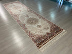 3x10 ft Bamboo Silk Runner, Ivory Floral Medallions, Turkish Hallway Rug