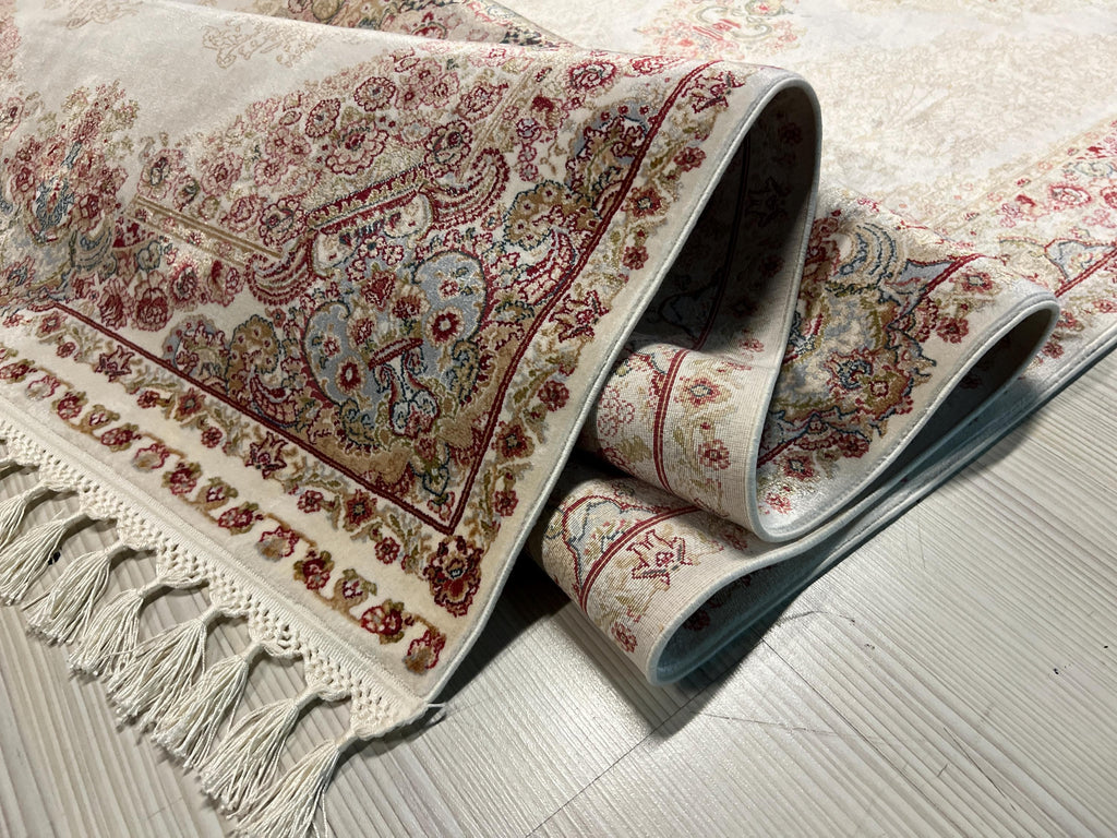 3x10 ft Bamboo Silk Runner, Ivory Floral Medallions, Turkish Hallway Rug