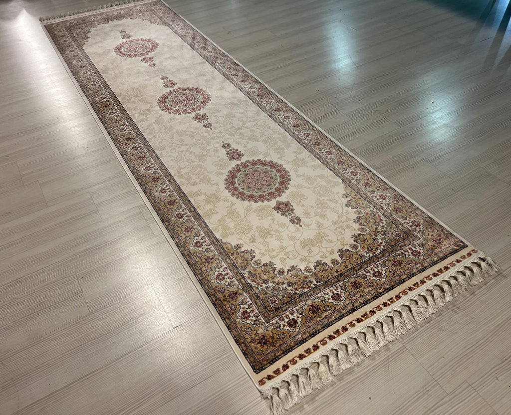 3x10 ft Ivory Bamboo Silk Runner, Triple Floral Medallion, Turkish Hallway Rug