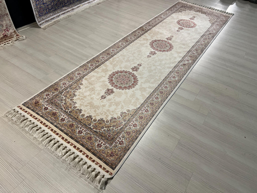 3x10 ft Ivory Bamboo Silk Runner, Triple Floral Medallion, Turkish Hallway Rug