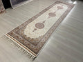 3x10 ft Ivory Bamboo Silk Runner, Triple Floral Medallion, Turkish Hallway Rug
