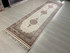 3x10 ft Ivory Bamboo Silk Runner, Triple Floral Medallion, Turkish Hallway Rug