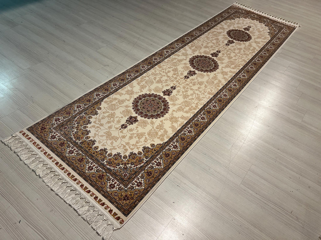 3x10 ft Ivory Bamboo Silk Runner, Triple Floral Medallion, Turkish Hallway Rug