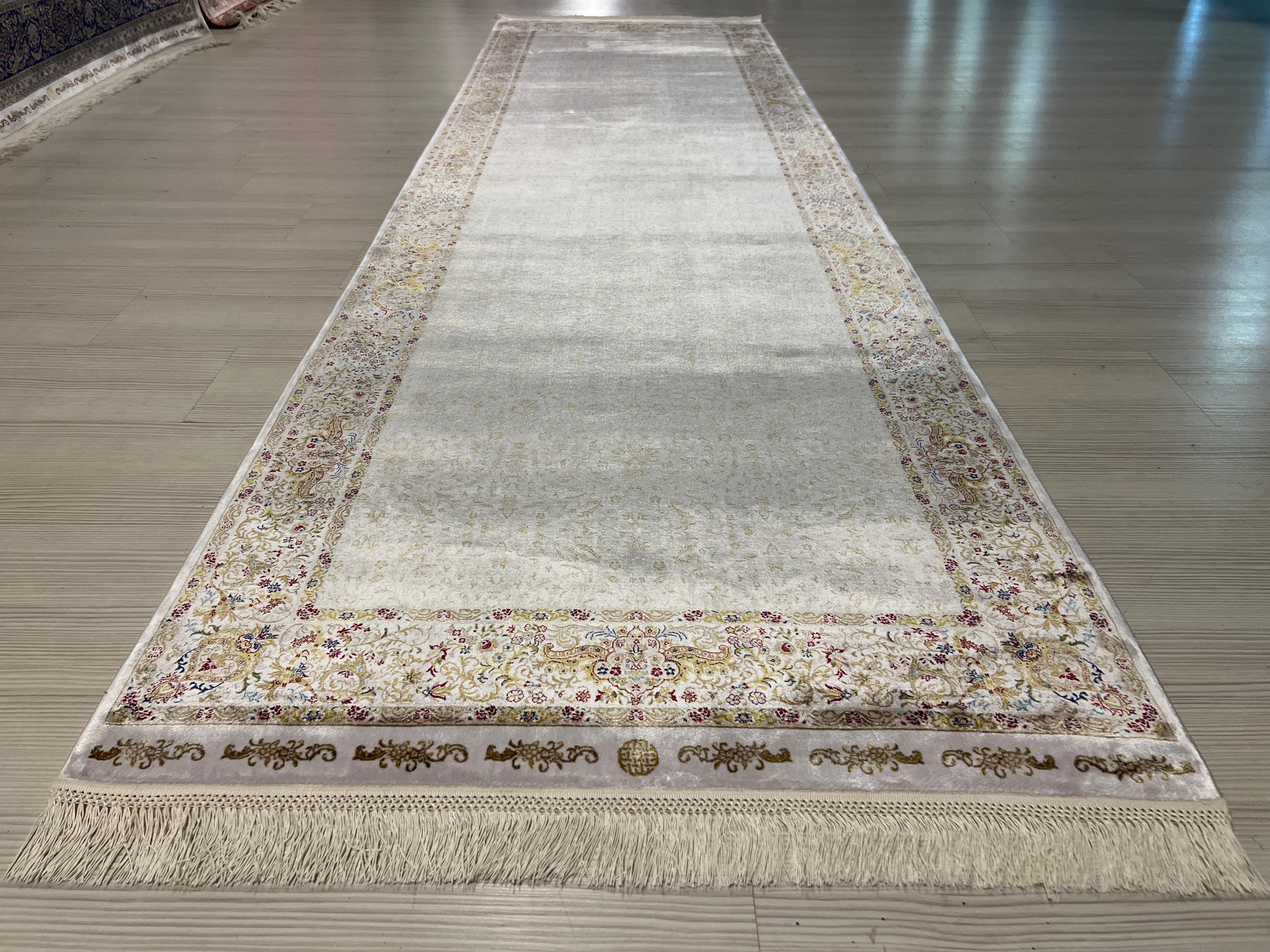 3x10 ft Ivory Silk Runner, Turkish Style Rug, Minimal Floral Border, Hallway Decor