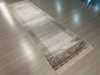 3x10 ft Ivory Silk Runner, Turkish Style Rug, Minimal Floral Border, Hallway Decor