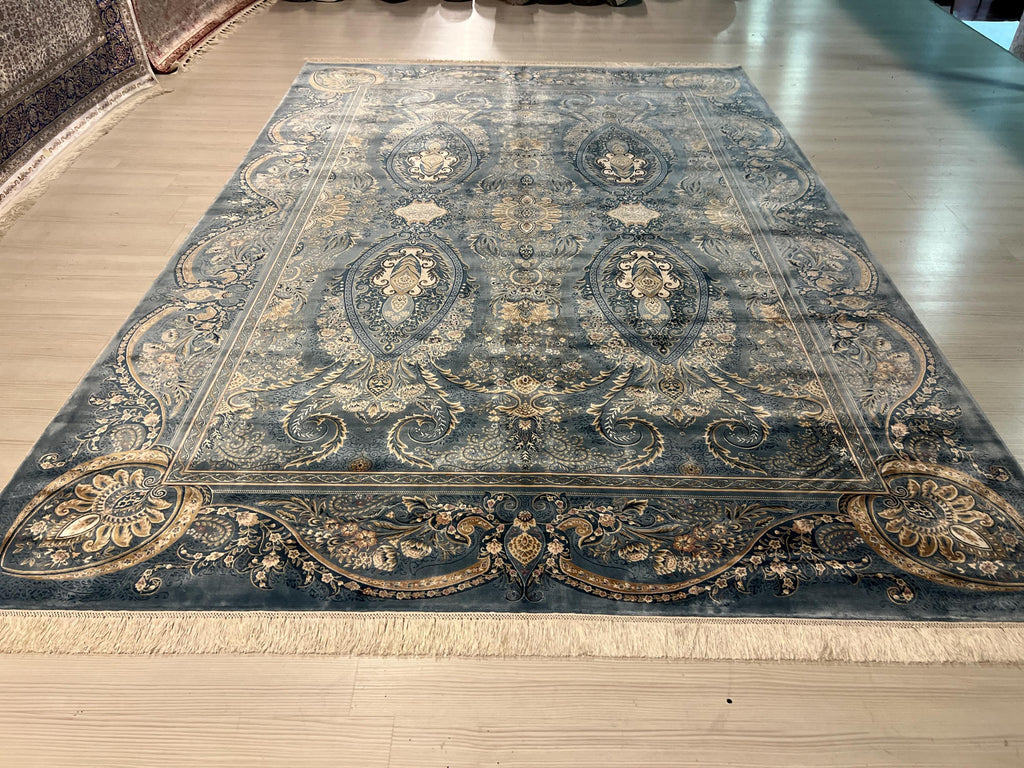 7x10 ft Blue Floral Medallion Modal Silk Rug, Luxury Living Room Rug