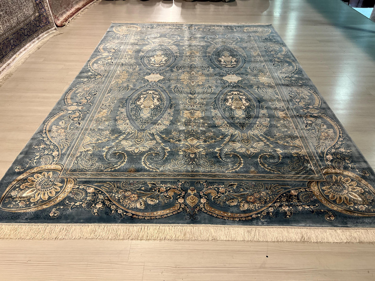 7x10 ft Blue Floral Medallion Modal Silk Rug, Luxury Living Room Rug