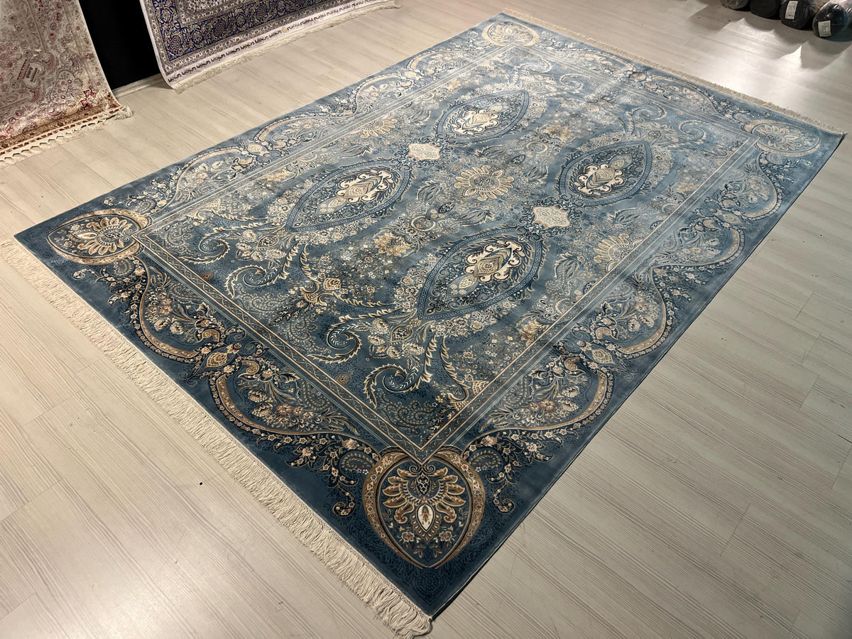 7x10 ft Blue Floral Medallion Modal Silk Rug, Luxury Living Room Rug