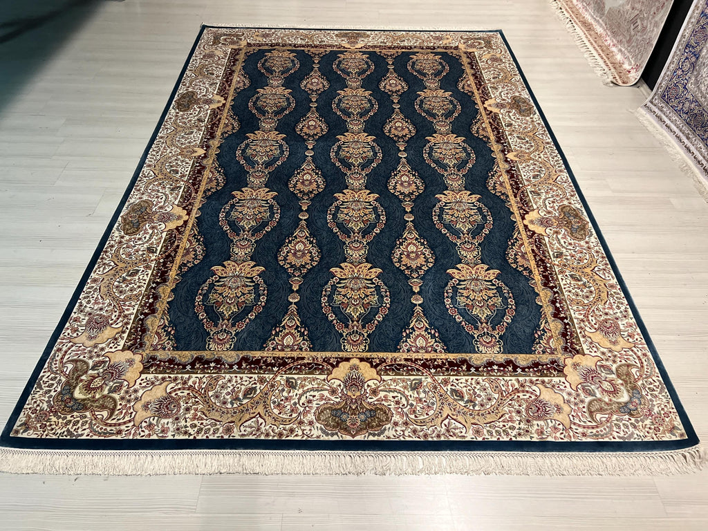 7x10 ft Blue Gold Medallion Modal Silk Rug, Turkish Anatolian Style
