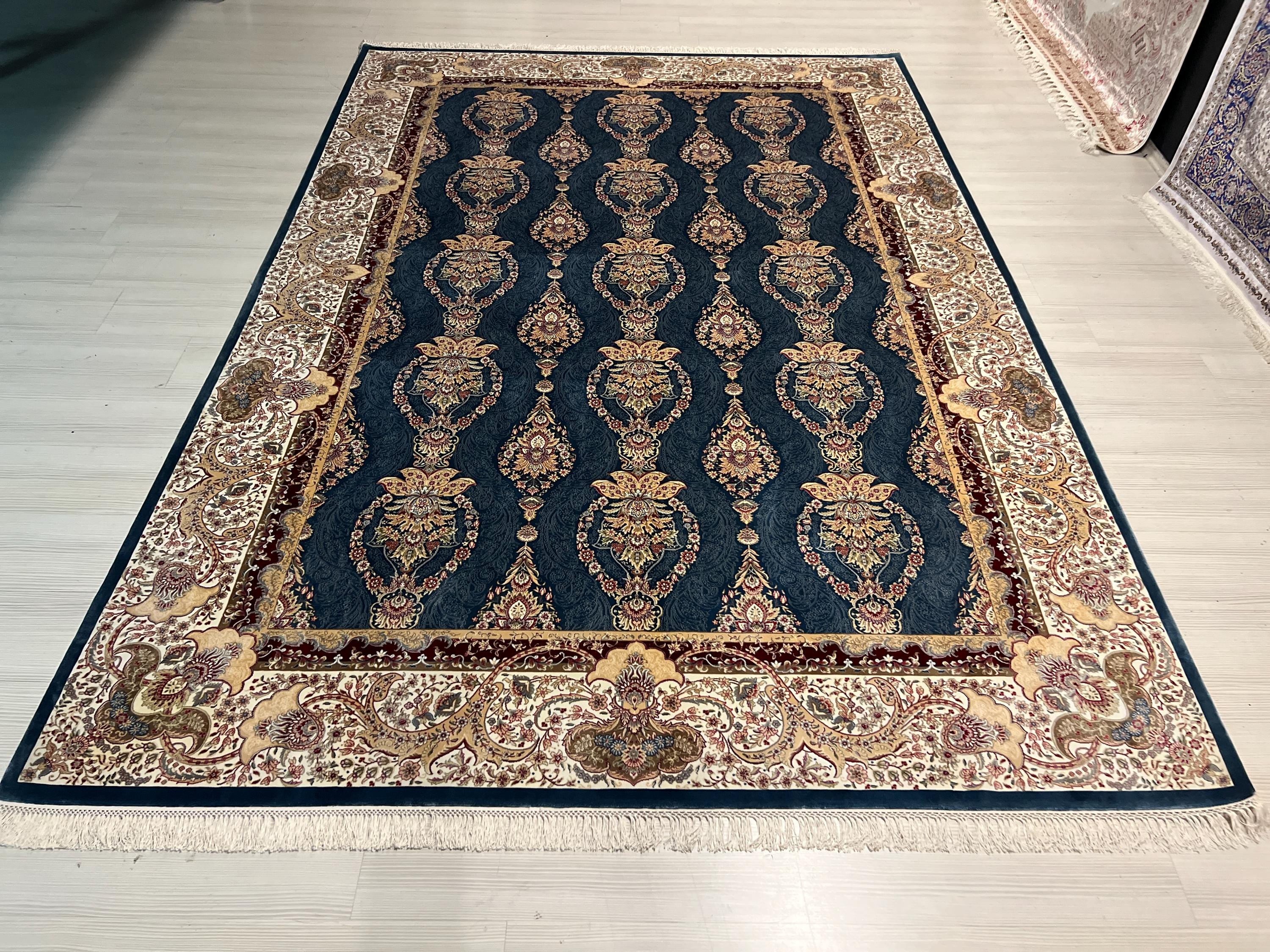 7x10 ft Blue Gold Medallion Modal Silk Rug, Turkish Anatolian Style