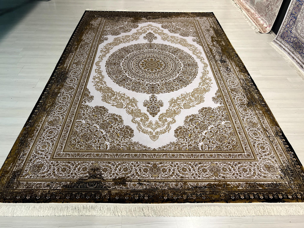7x10 ft Gold Medallion Modal Silk Rug, Turkish Area Rug, Luxury Living Room Carpet