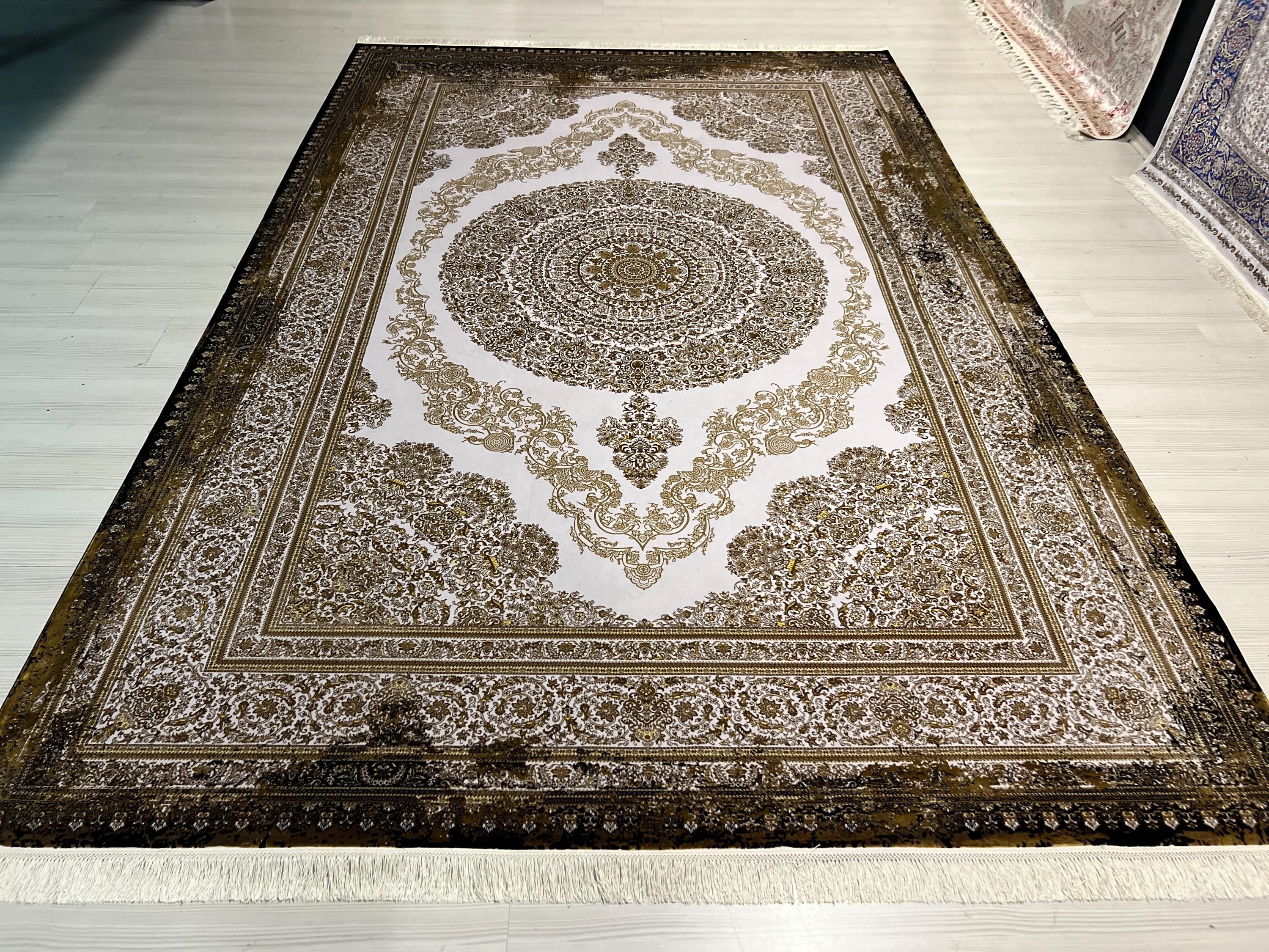 7x10 ft Gold Medallion Modal Silk Rug, Turkish Area Rug, Luxury Living Room Carpet